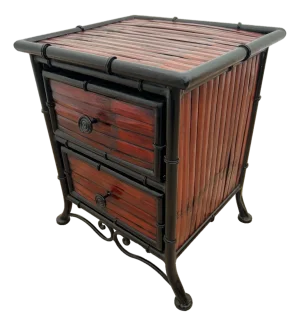 Vintage Nightstand Cabinet Double Drawers Bamboo / Wicker and Iron Petite Size