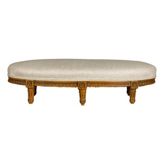 French Louis XVI Style Walnut Footstool with Linen Upholstery, 19th Century For Sale