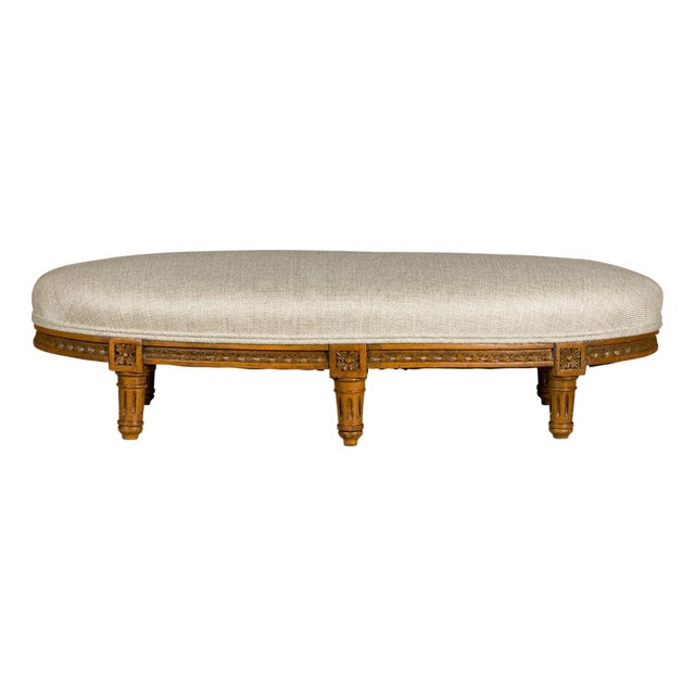 French Louis XVI Style Walnut Footstool with Linen Upholstery, 19th Century For Sale
