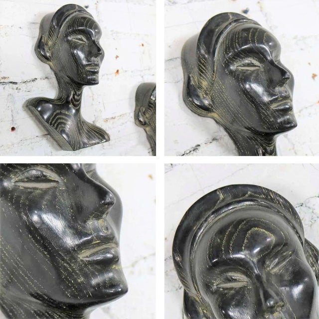 MCM to Art Deco Style Ebonized Oak Carved Female Bust Vintage Wall Sculptures, a Pair For Sale - Image 11 of 13
