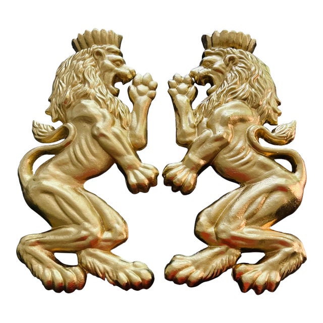 Vintage Gold English Fighting Wall Lions a Pair For Sale