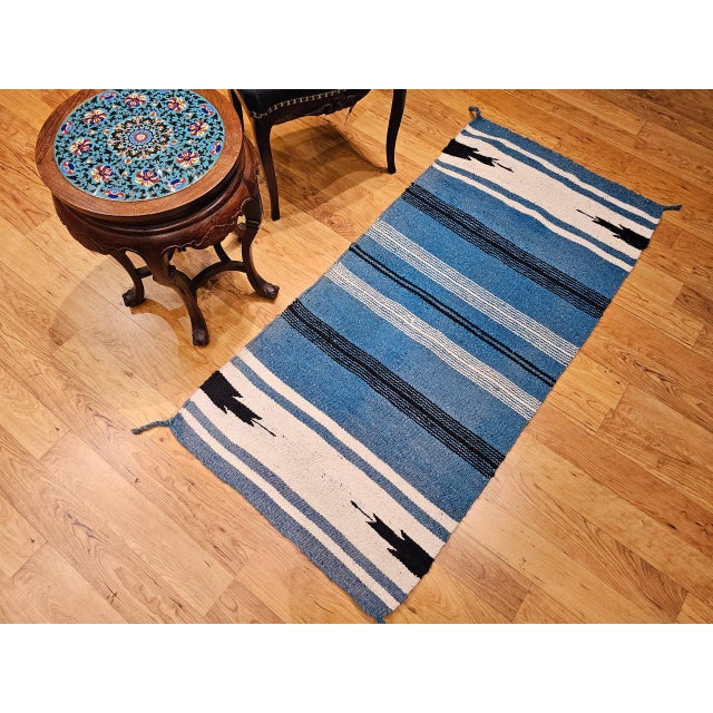 American Vintage Southwestern Area Rug, Handwoven Wool, Stripe Pattern, Persian Blue, 3x5 For Sale - Image 3 of 12