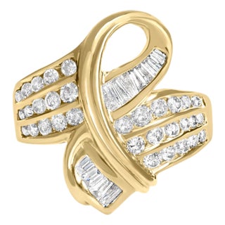 14K Yellow Gold 1 1/3 Cttw Channel Set Diamond Bypass Cocktail Ring (J-K Color, I1-I2 Clarity) - Ring Size 7 For Sale