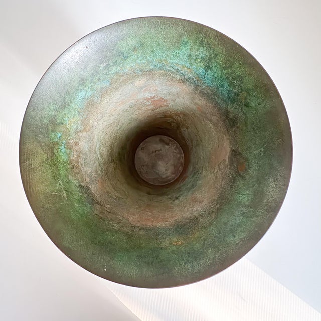 Metal Carl Sorensen 1920's Bronze Trumpet Vase With Verdigris and Brass Detailing For Sale - Image 7 of 10