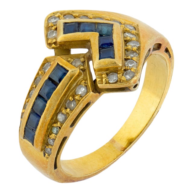 Vintage Sapphire Diamond 18k Yellow Gold Ring, Size 5.25 For Sale
