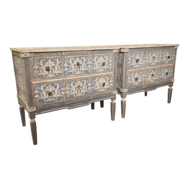 Pair of Hand Painted Blue and White Directoire Style Commodes For Sale