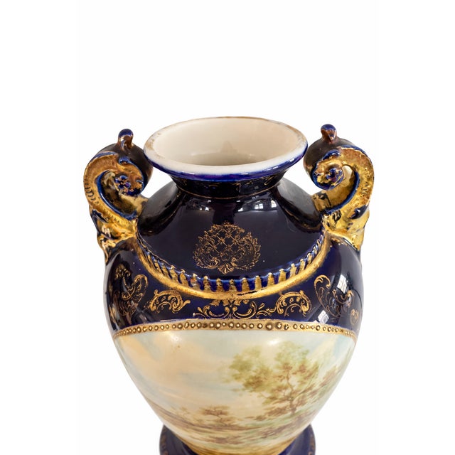 Pair of Antique Vienna Style Cobalt Blue & Gilt Porcelain Pedestal Urns, Circa 1900 For Sale - Image 9 of 13
