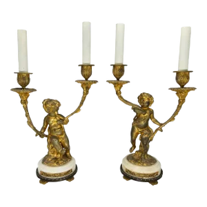 Pair, Gilt Bronze Louis XVI Style 19th Century Putti Candlestick Lamps
