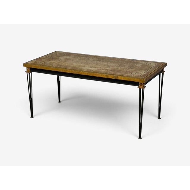 Mid-Century Modern Jacques Quinet Style, Coffee Table, Gold Églomisé Glass, Iron, France, 1960s For Sale - Image 3 of 16