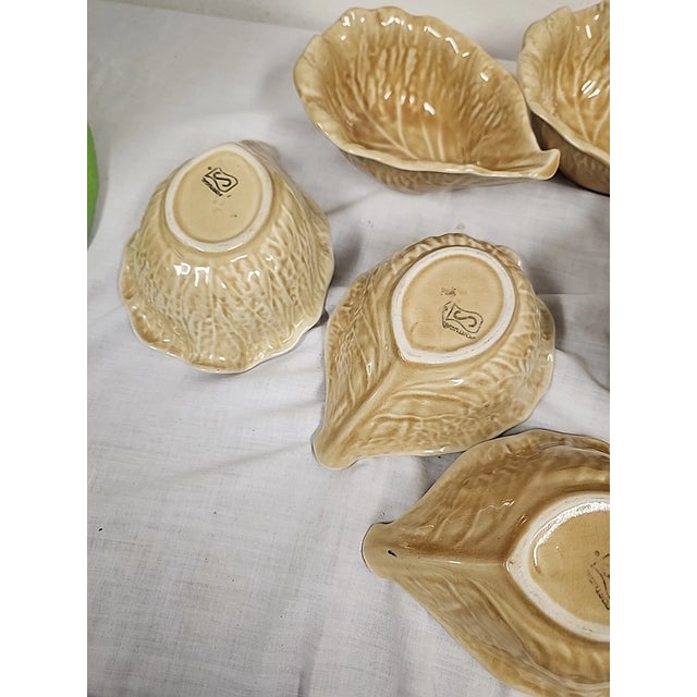 Vintage Secla Portugal Pottery Gold Majolica Cabbage Soup Cereal Bowls-Set of 7 For Sale In Phoenix - Image 6 of 7