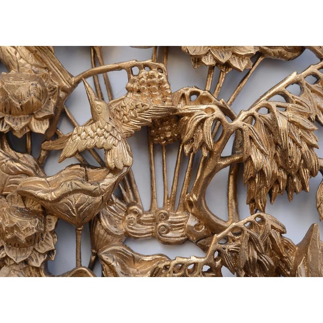 Wood Vintage Chinese Gilded Hand-Carved Wood Relief Panel of Birds and Flowers For Sale - Image 7 of 12