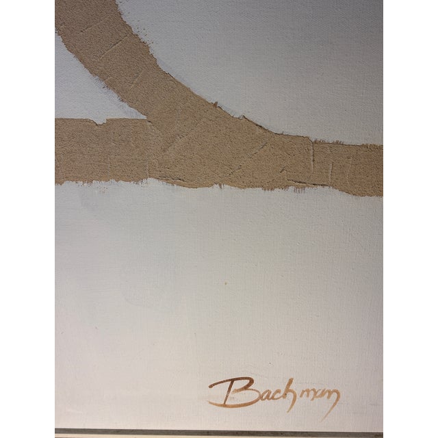 Large mid-century modern abstract oil on canvas titled "Labyrinth," signed Bachman and produced by Harris G. Strong Inc....
