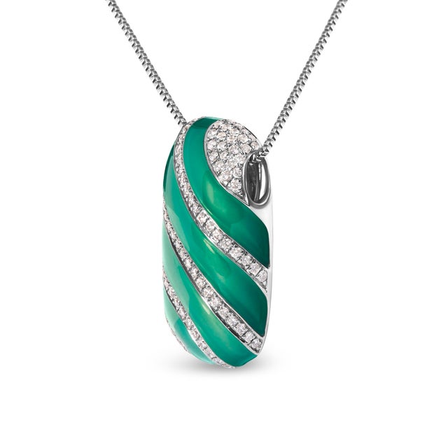 Contemporary .925 Sterling Silver Turquoise Enamel and 1/2 Cttw Diamond Block 18" Pendant Necklace (F-G Color, VS For Sale - Image 3 of 6