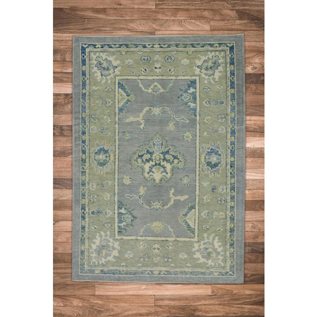 Early 21st Century Blue & Green Floral Design Handwoven Wool Turkish Oushak Rug 4'1" X 5'10" For Sale In Houston - Image 6 of 7
