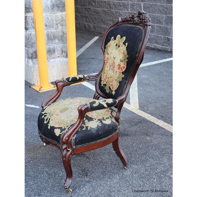 Antique Quality Carved Mahogany Victorian Era Needlepoint Parlor Chair, C1870 For Sale - Image 10 of 10