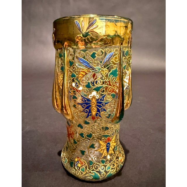 Moser Antique Bohemian Art Nouveau Enameled & Gilded Glass Insect Cabinet Vase For Sale - Image 9 of 11