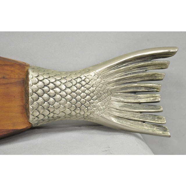Mid 20th Century Vintage Mid Century Modern Teak Wood & Metal Fish Serving Platter Cutting Board For Sale - Image 5 of 13
