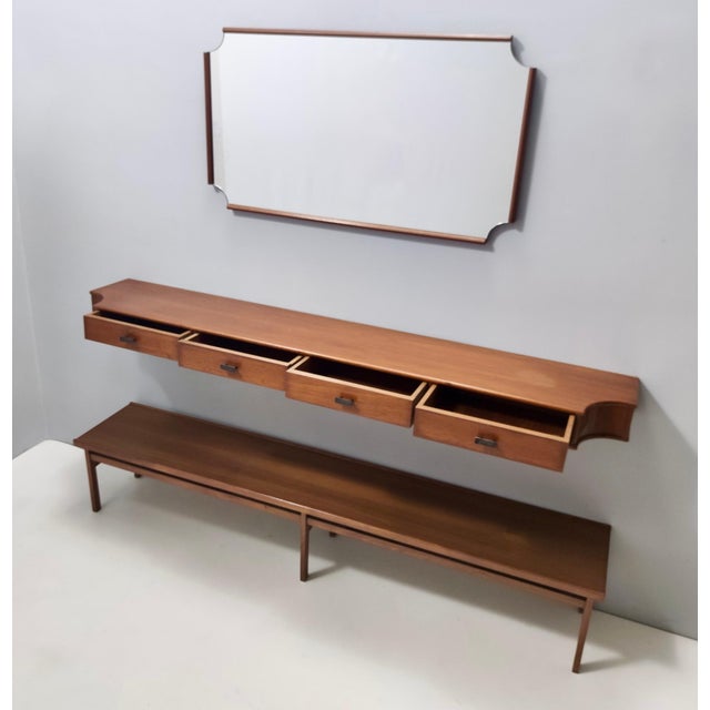 Glass Vintage Entryway Set of Wall Mirror, Walnut Console and Bench, Italy, 1959, Set of 3 For Sale - Image 7 of 18
