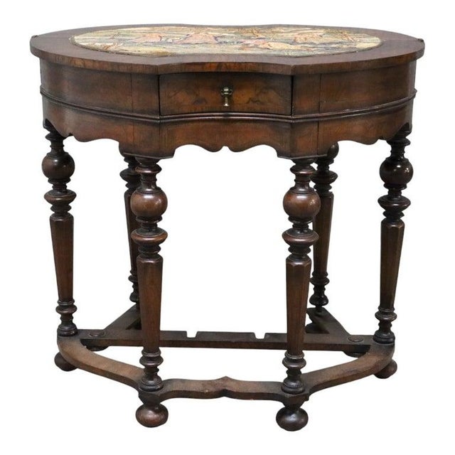 Jacobean English Jacobean Walnut & Burl Petit Point Top Game Table With Tapestry C1810 For Sale - Image 3 of 16