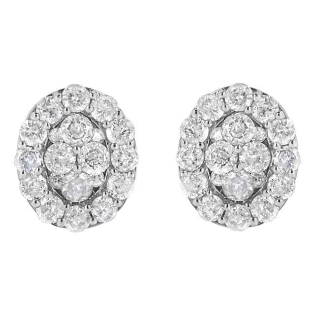 .925 Sterling Silver 1 1/2 Cttw Round-Cut Diamond Oval Shaped Stud Earrings, A Pair For Sale