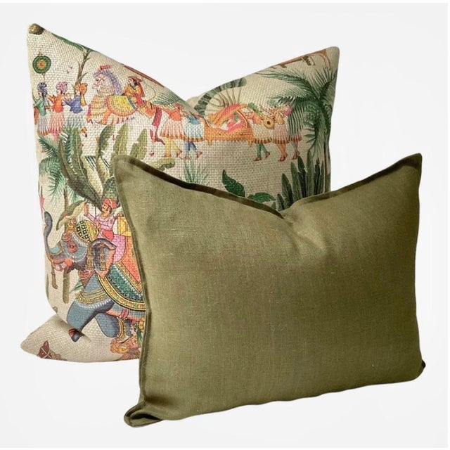 Rustic Colorful Elephant Toile Pillow Cover with Tropical Palm Parade Scene For Sale - Image 3 of 4