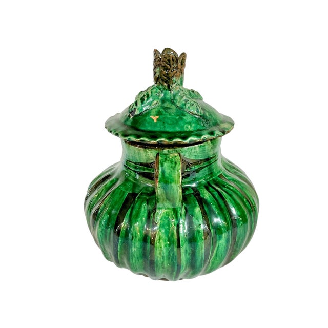 Vintage French Provincial Glazed Green Terracotta 2 Handle Pot With Lid For Sale - Image 4 of 16