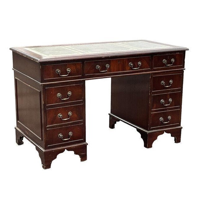 Pedestal Desk in Flame Veneer Mahogany with Green Leather Top For Sale - Image 14 of 14