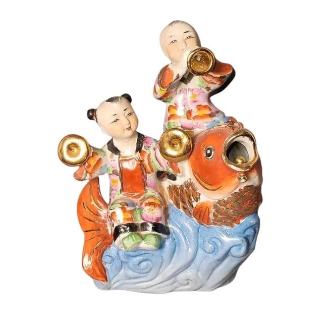 Vintage Chinoiseries Décor Chinese Koi Fish and Children Porcelain Figurine For Sale - Image 4 of 4