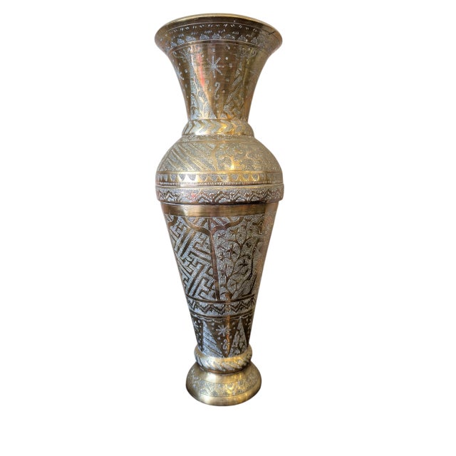 Indian Pair of Large Mid-Century Indian Etched Brass Vases For Sale - Image 3 of 11