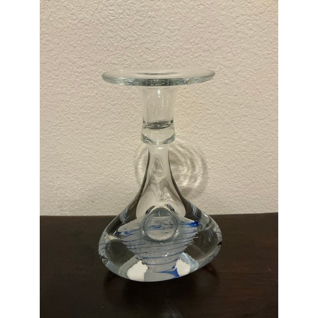 Vintage small hand‑blown art‑glass candleholder/vessel featuring a flared top, narrow stem, and wide circular base. The...