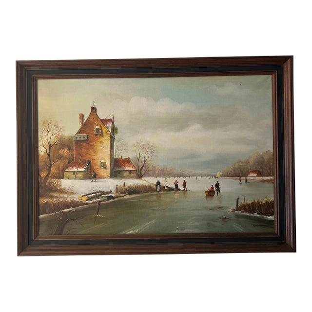 Oil on Canvas Dutch School Ice River Framed For Sale