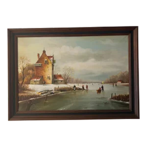 Oil on Canvas Dutch School Ice River Framed