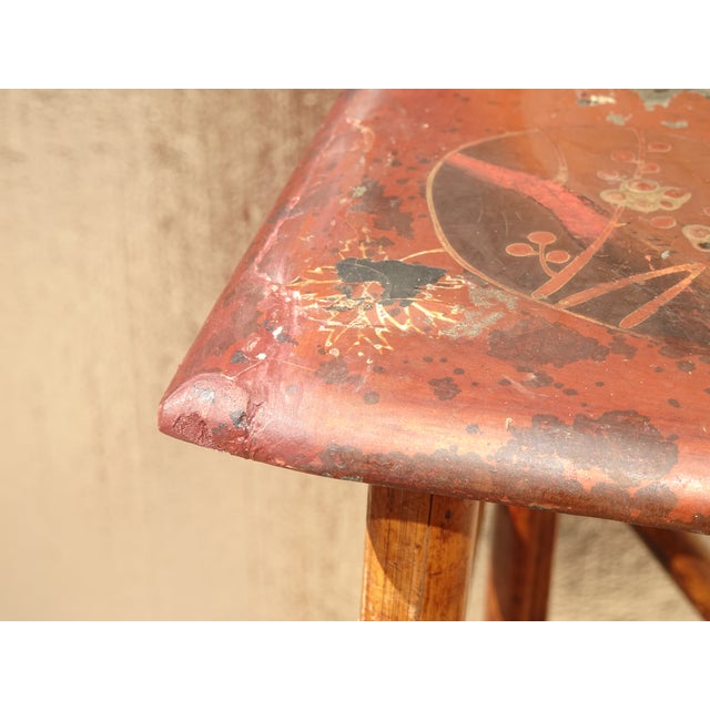 Wood Vintage Chinese Asian Bamboo Side Table Plant Stand Red Chinoiserie Top For Sale - Image 7 of 15