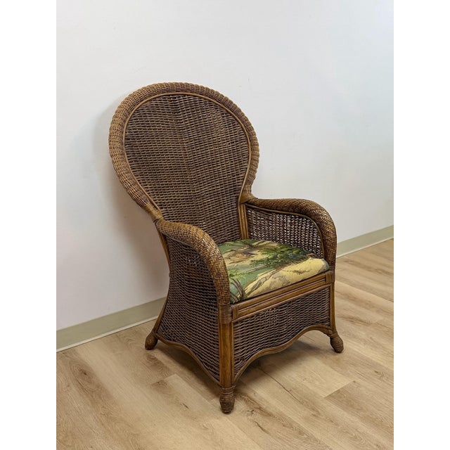 Coastal Wicker Rattan Chair Vintage Beach Scene Cushion Boho Accent Outdoor For Sale - Image 4 of 10