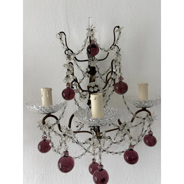 French Amethyst Murano Drops Crystal Prisms Spear Stars Sconces, Circa 1920 For Sale - Image 6 of 14