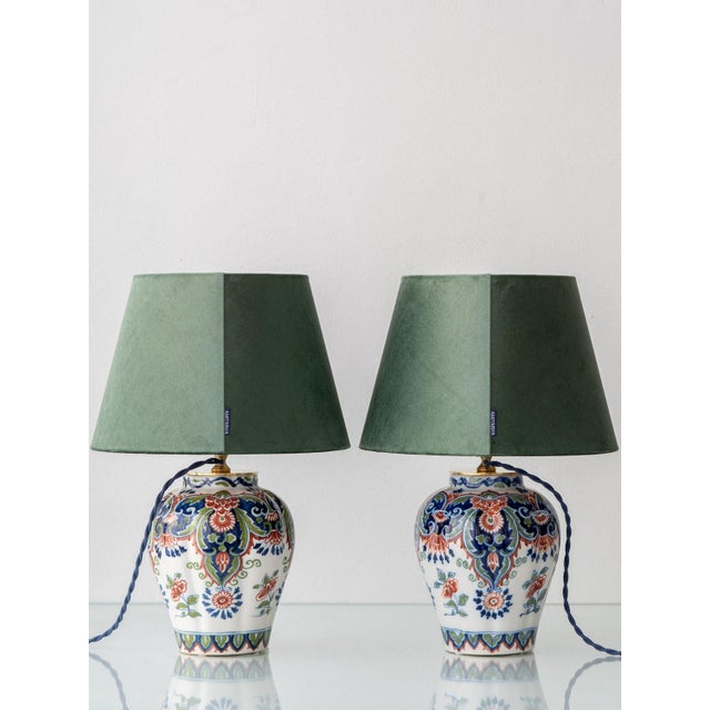 Vintage Delft Chinoiserie Table Lamps with Velvet Shades from Royal Tichelaar Makkum, 1940s-1960s, Set of 2 For Sale - Image 12 of 16