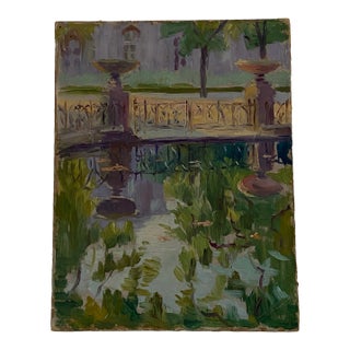 Mid 20th Century Park Scene Oil Painting on Wood Panel For Sale