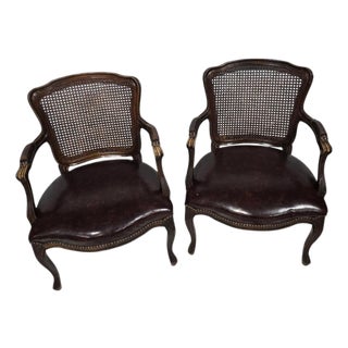 Late 20th Century Pair of French Style Caned Armchairs With Leather Seats For Sale