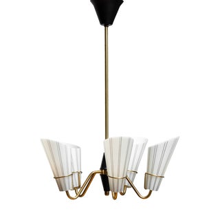 Swedish Brass Five Arm Chandelier with Frosted Art Glass Shades from Asea, 1950s For Sale