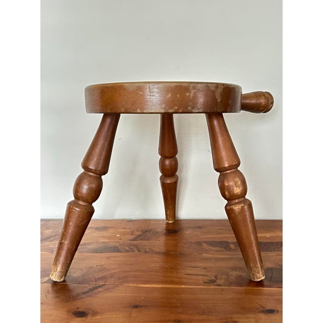 Rustic Vintage Mid 20th Century Wood Tri-Leg Milking Stool For Sale - Image 3 of 10