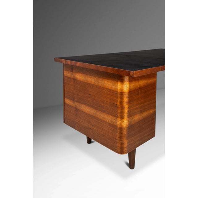 Wood Restored Mid-Century Modern Writers Desk in Walnut With Leather Top, Usa, C. 1960s For Sale - Image 7 of 11