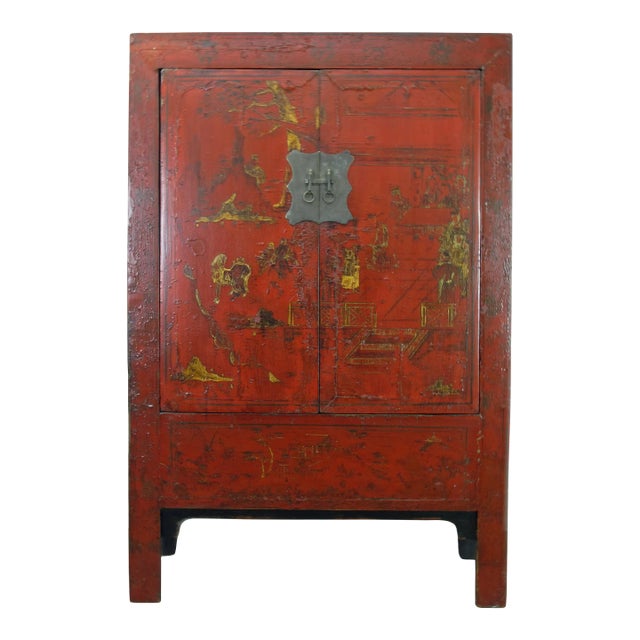 Late 19th Century Red Antique Chinese Chinoiserie Style Cabinet For Sale