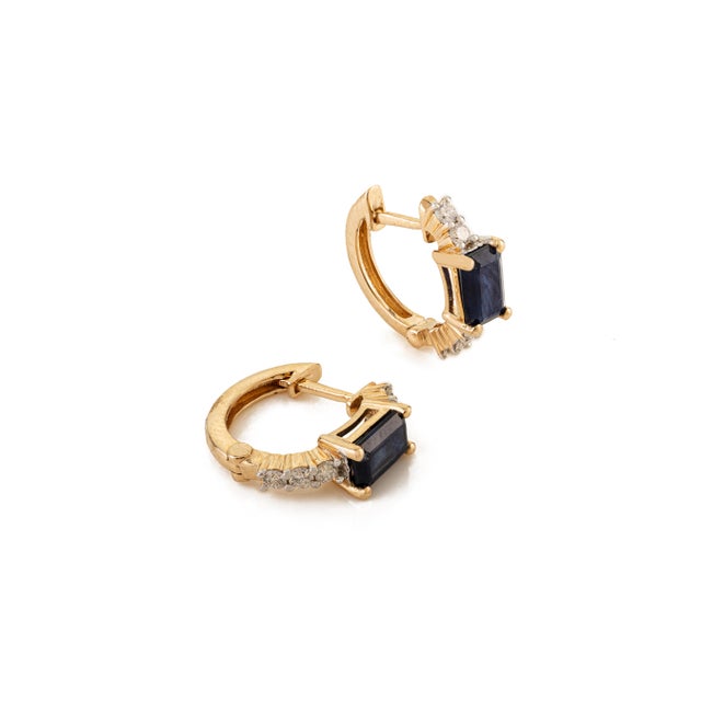Not Yet Made - Made To Order 1.0Ct Emerald Cut Blue Sapphire & Diamond Hoop Earrings in 14k Yellow Gold- A Pair For Sale - Image 5 of 12