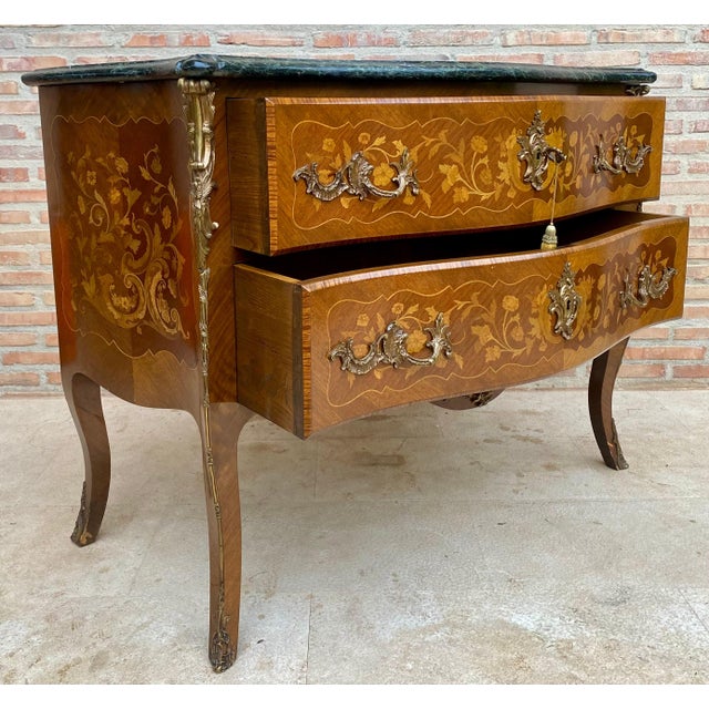 Wood French Louis XV Style Bombé Satinwood Marquetry and Ormolu Mounted Commode, 1940 For Sale - Image 7 of 18