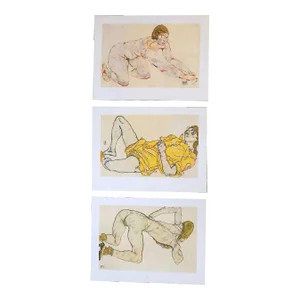 Vintage 20th Century Signed Egon Schiele Expressionist Female Figural Lithographs - Set of 3