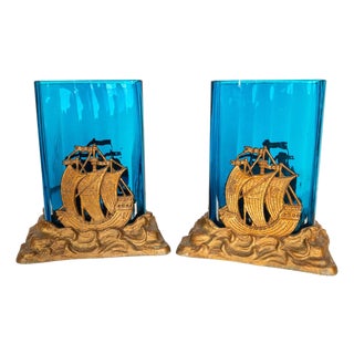 Antique American Art Deco Brass Glass Vases Ship Bookends Bradley & Hubbard 1925 For Sale