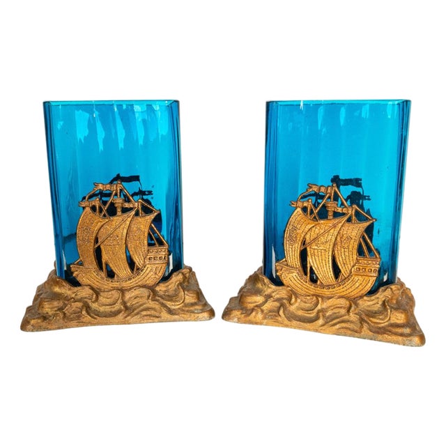 Antique American Art Deco Brass Glass Vases Ship Bookends Bradley & Hubbard 1925 For Sale