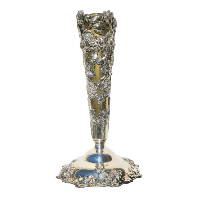 Sterling Silver Tall Floral Vase Circa 1910 For Sale