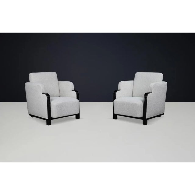 Art Deco Armchairs in Bouclé and Black Lacquered Wood, Prague, 1930s, Set of 2 For Sale - Image 4 of 14