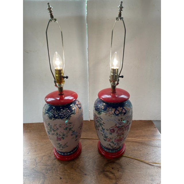 Vintage Set of 2 Chinoiserie Table Lamps - Ginger Jar Lamps - Floral Porcelain Ceramic For Sale - Image 11 of 11